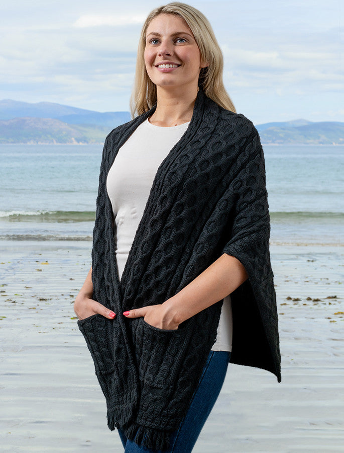 Aran Shawl Wrap with Pockets – Black