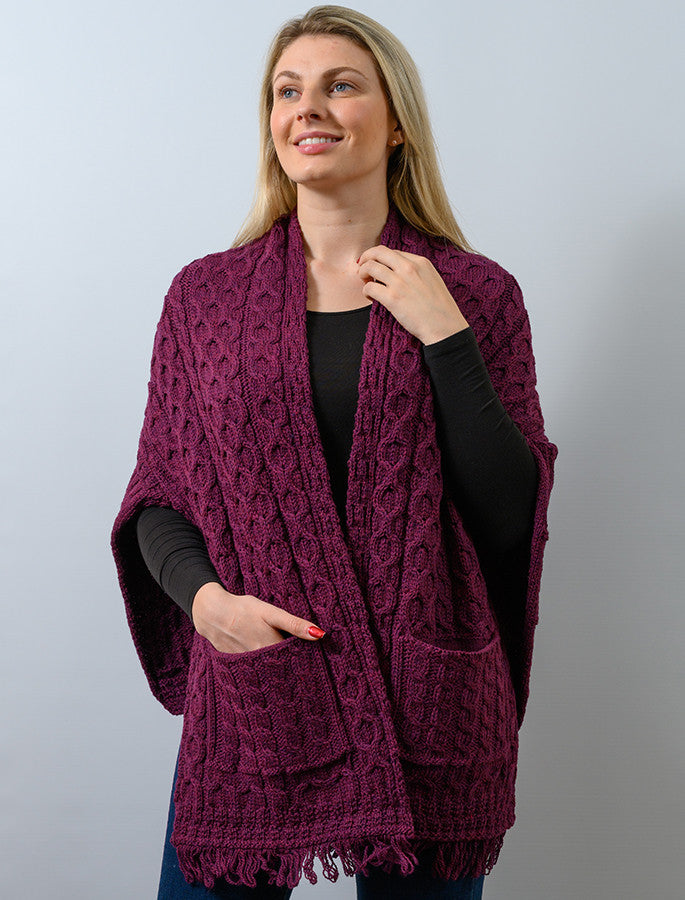 Aran Shawl Wrap with Pockets - Very Berry