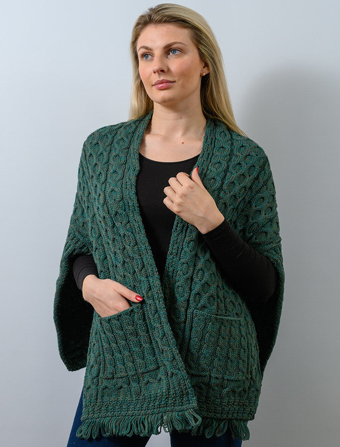 Aran Shawl Wrap with Pockets - Connemara Green