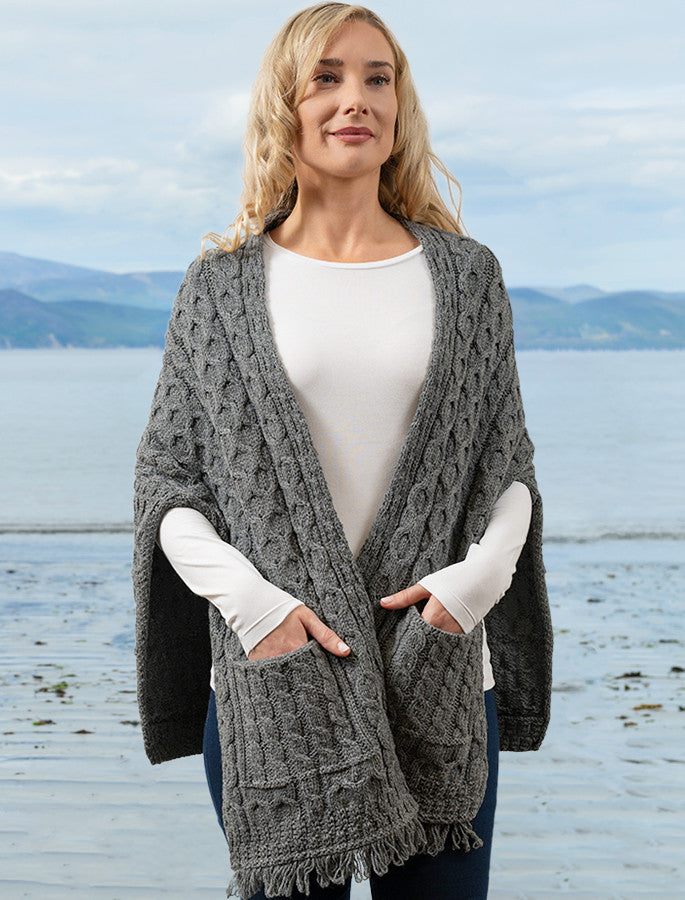 Aran Shawl Wrap with Pockets – Grey