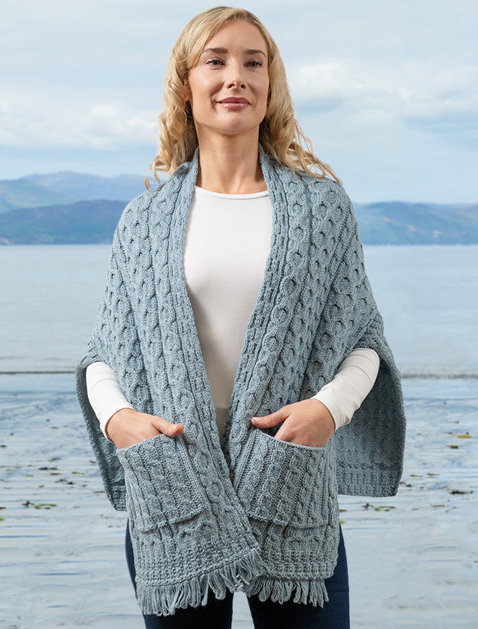 Aran Shawl Wrap with Pockets - Misty Marl