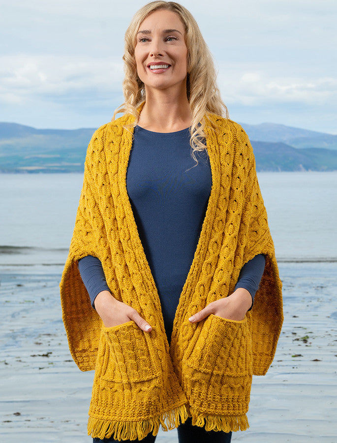 Aran Shawl Wrap with Pockets - Sunflower Yellow