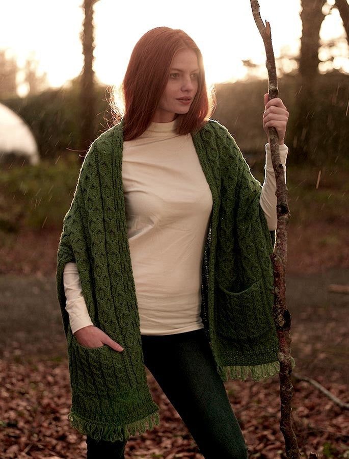 Aran Shawl Wrap with Pockets - Connemara Green