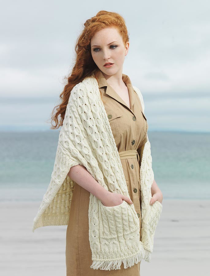 Aran Shawl Wrap with Pockets – Natural White