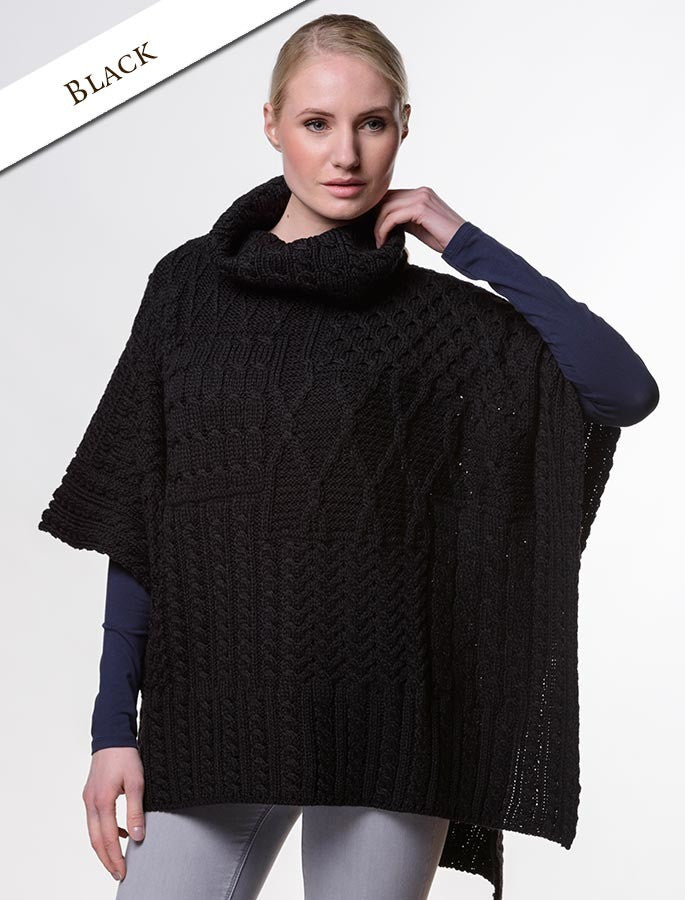 Merino Wool Patchwork Poncho with Collar - Black
