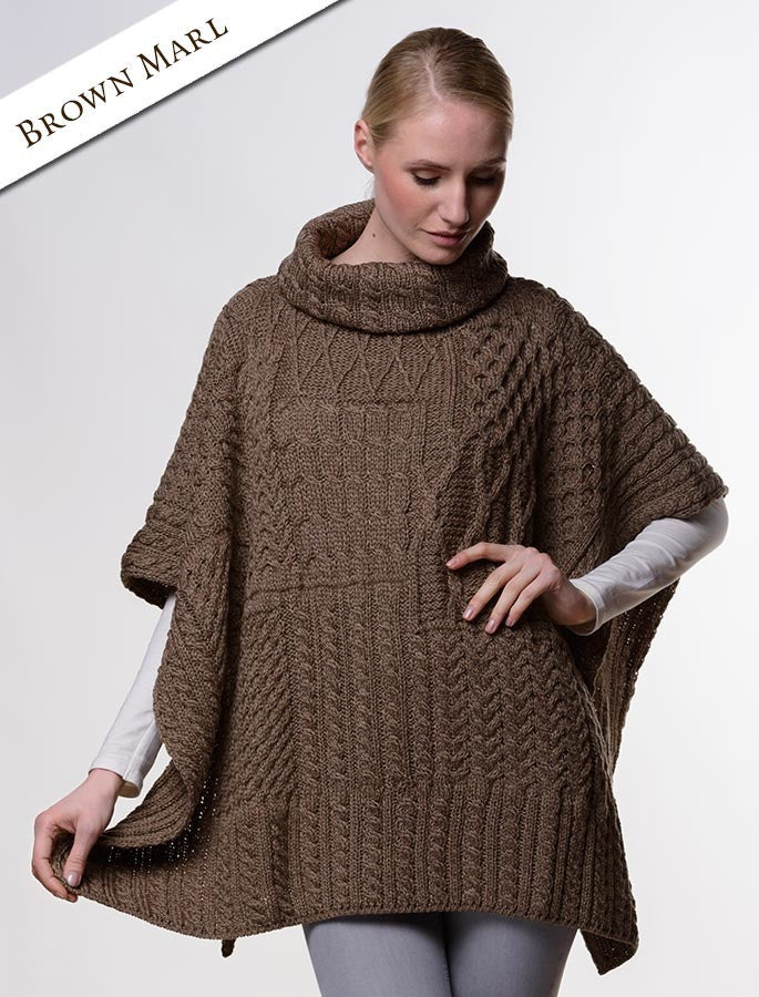 Merino Wool Patchwork Poncho with Collar - Brown Marl