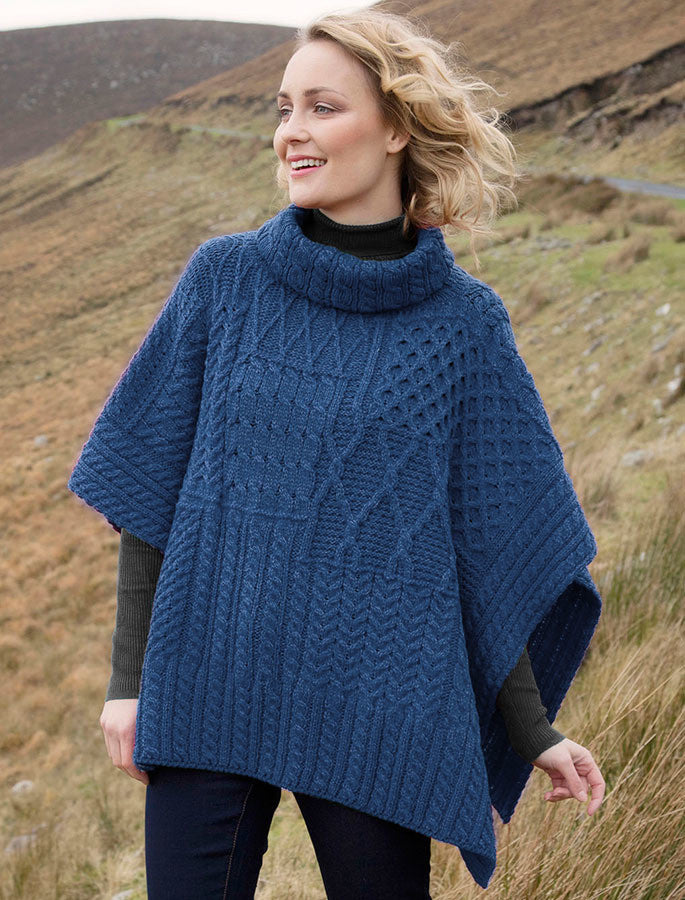 Merino Wool Patchwork Poncho with Collar - Denim Marl
