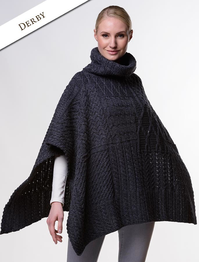 Merino Wool Patchwork Poncho with Collar - derby