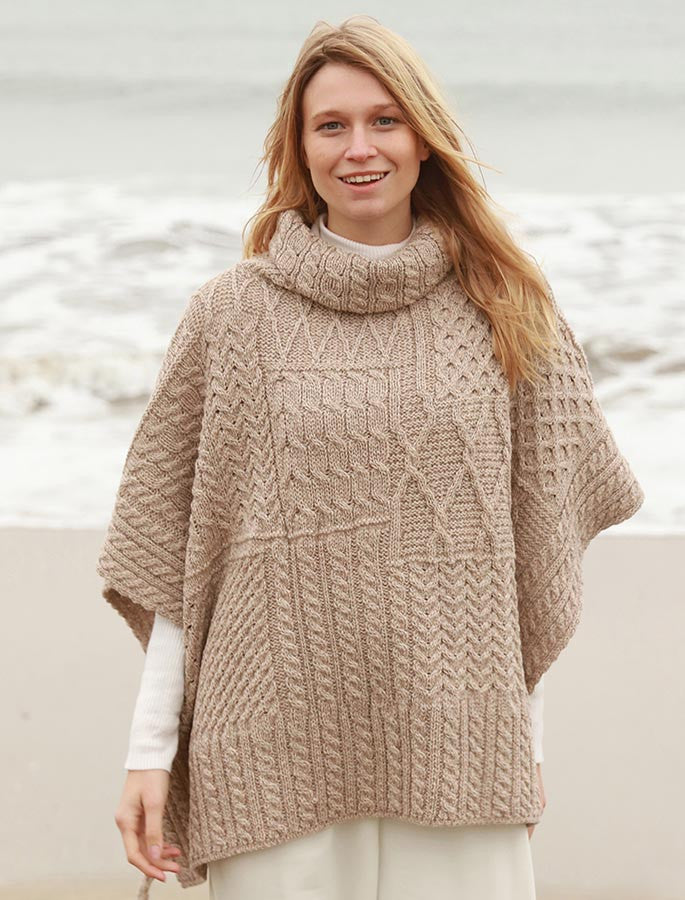 Merino Wool Patchwork Poncho with Collar - Wicker