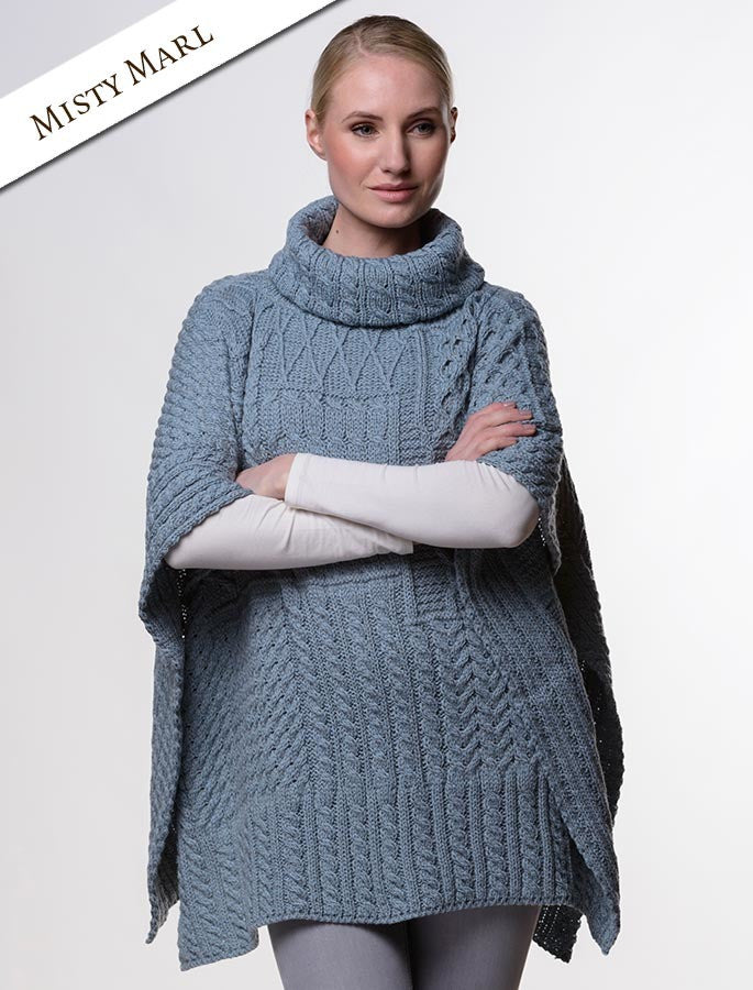 Merino Wool Patchwork Poncho with Collar - Misty Marl