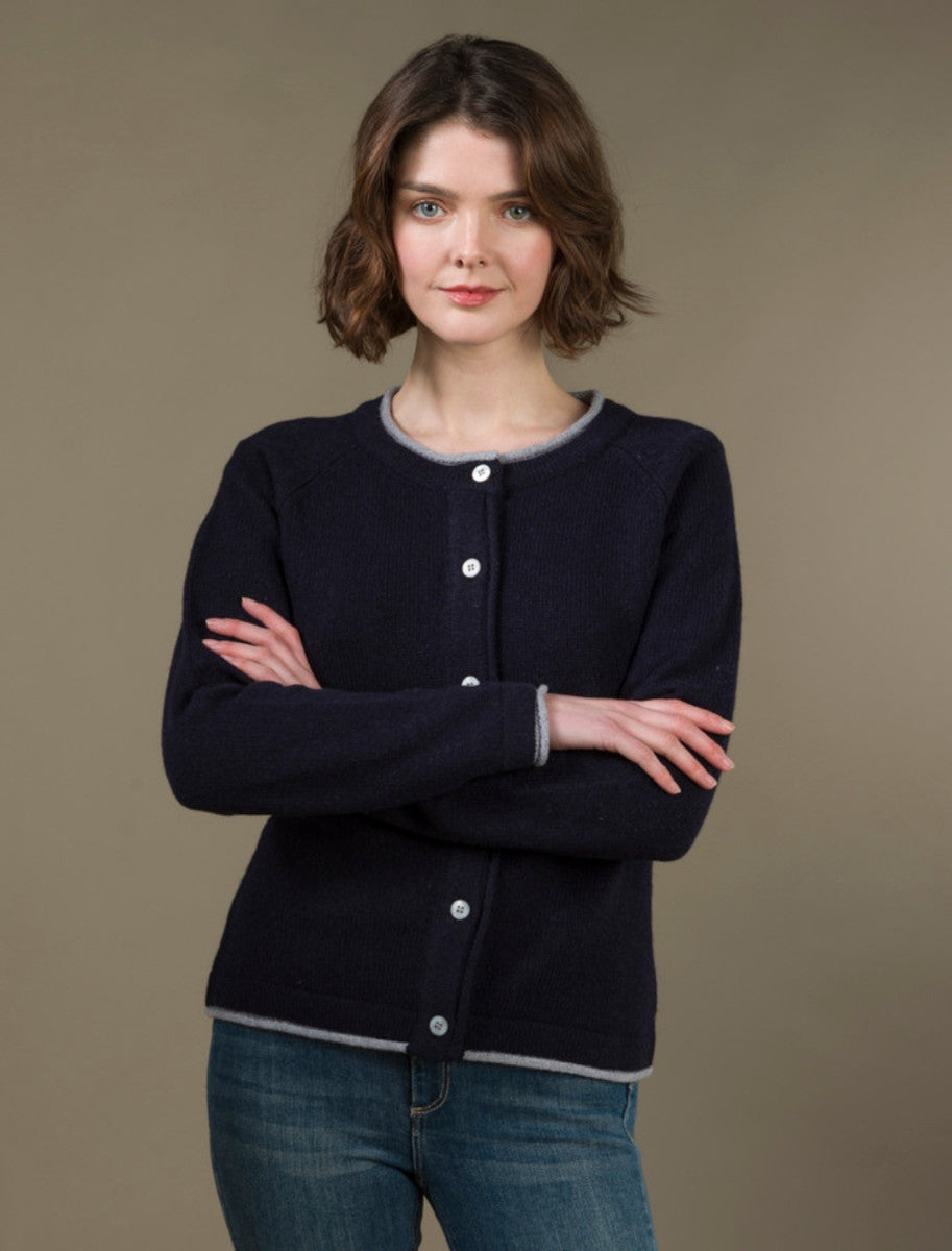 Wool Cashmere Button Down Cardigan - Navy