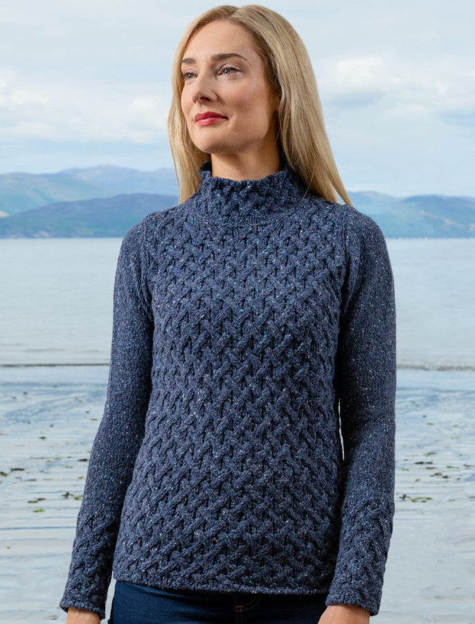 Wool Cashmere Aran Trellis Sweater - Denim