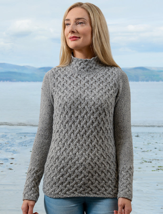 Wool Cashmere Aran Trellis Sweater -  Light Grey