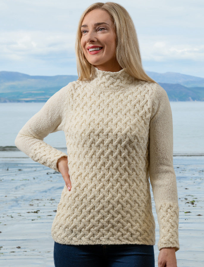 Wool Cashmere Aran Trellis Sweater - White