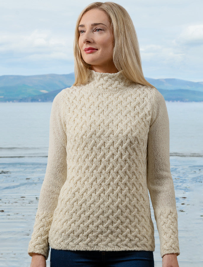 Wool Cashmere Aran Trellis Sweater - White