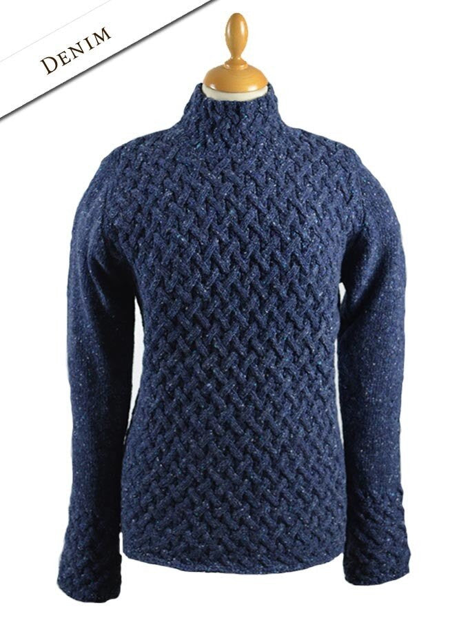 Wool Cashmere Aran Trellis Sweater - Denim