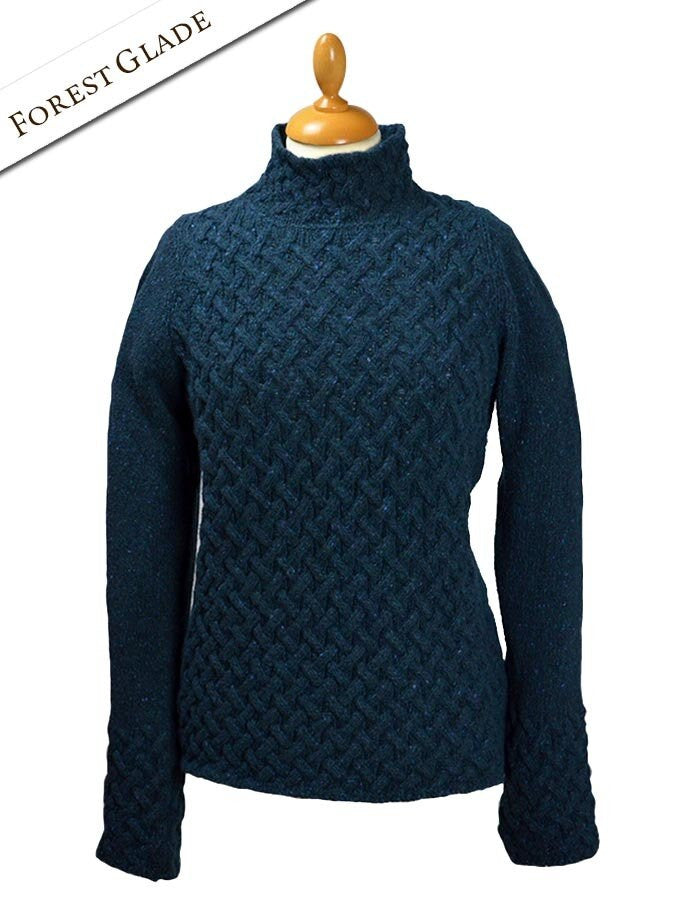 Wool Cashmere Aran Trellis Sweater - Forest Glade