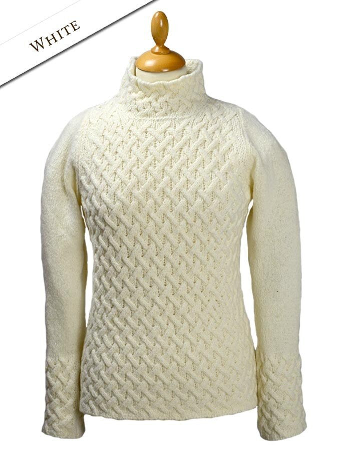 Wool Cashmere Aran Trellis Sweater - White