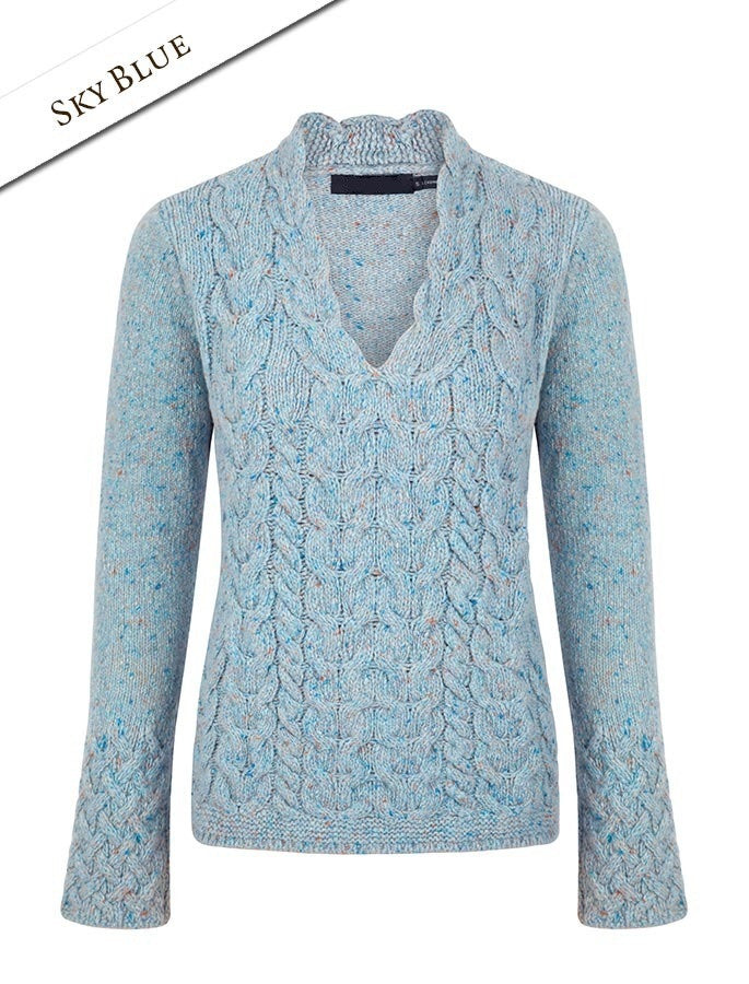 Wool Cashmere Cable V-Neck Sweater - Sky Blue