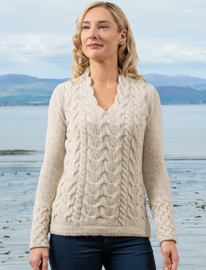 Wool Cashmere Cable V-Neck Sweater - Chalkstone