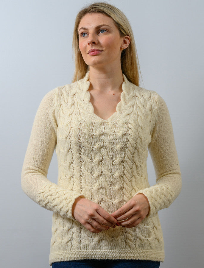 Wool Cashmere Cable V-Neck Sweater - Luxury White