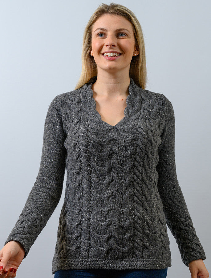 Wool Cashmere Cable V-Neck Sweater - Middle Grey