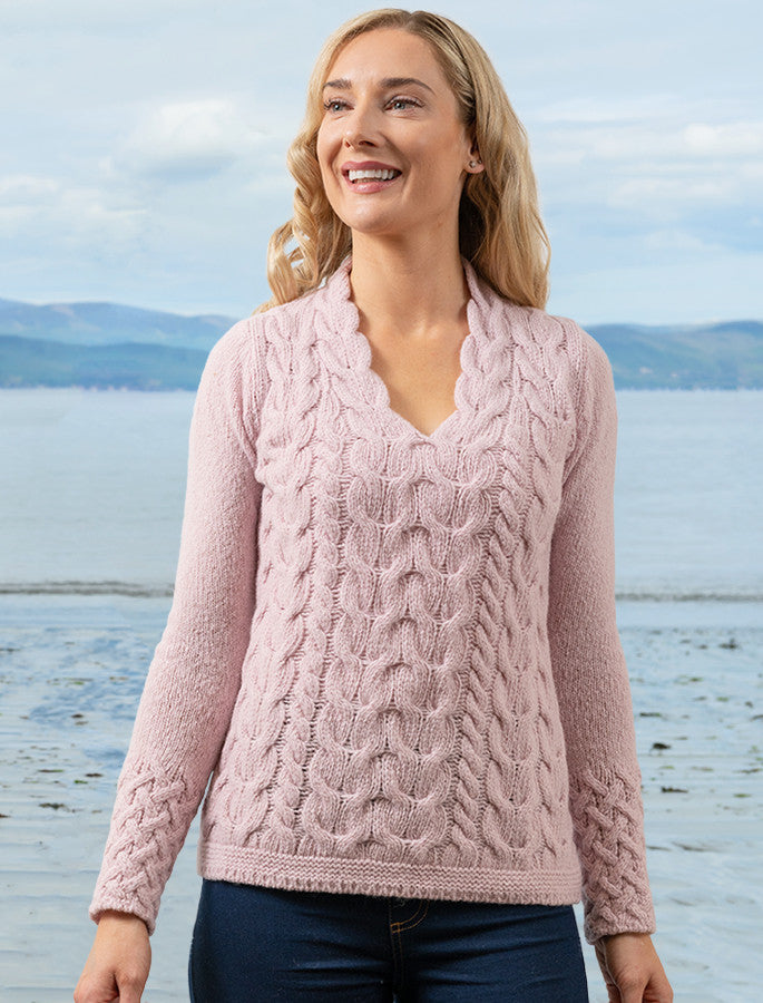 Wool Cashmere Cable V-Neck Sweater - Pink Mist