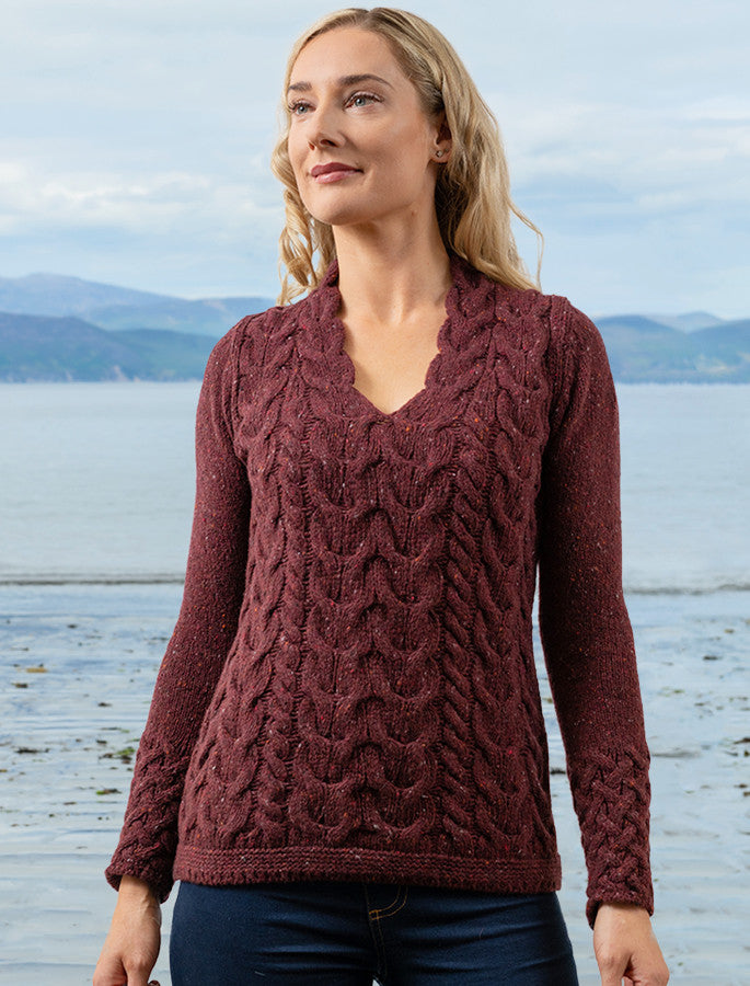 Wool Cashmere Cable V-Neck Sweater - Rich Burgundy