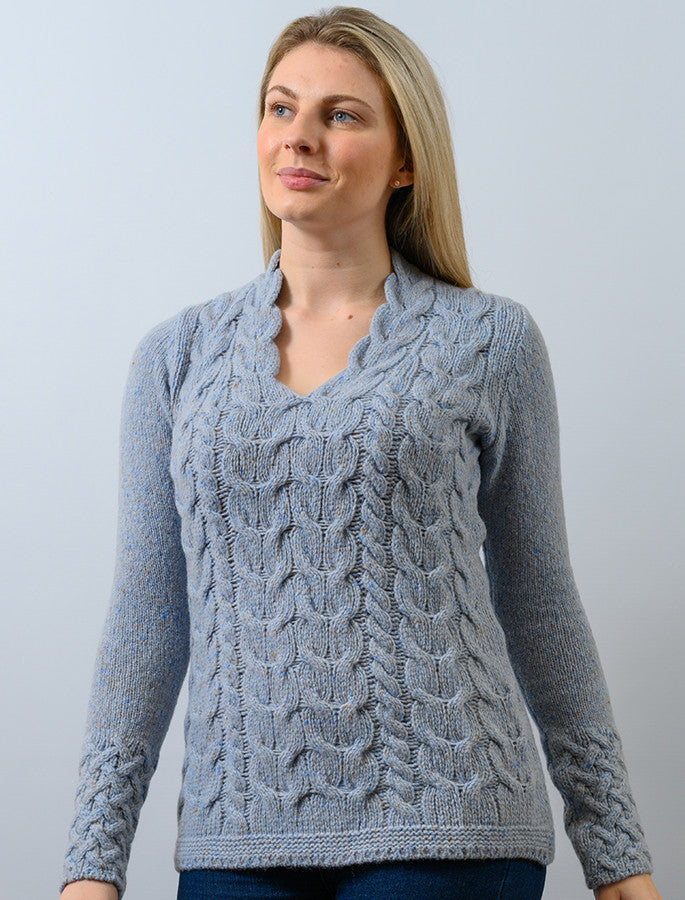 Wool Cashmere Cable V-Neck Sweater - Sky