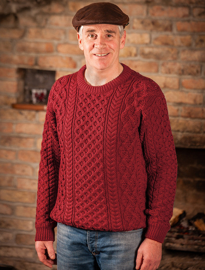 Heavyweight Merino Wool Aran Sweater - Red