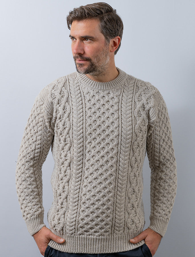 Heavyweight Merino Wool Aran Sweater - Silver Marl
