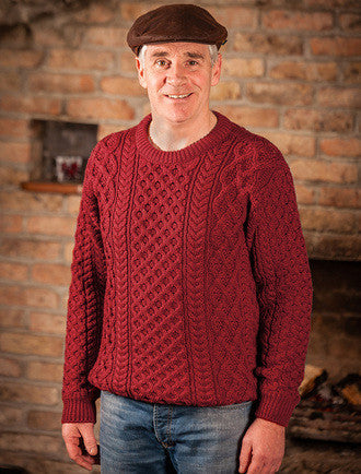 Heavyweight Merino Wool Aran Sweater- Red