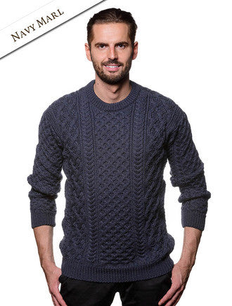 Heavyweight Merino Wool Aran Sweater - Navy Marl