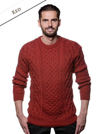 Heavyweight Merino Wool Aran Sweater - Red