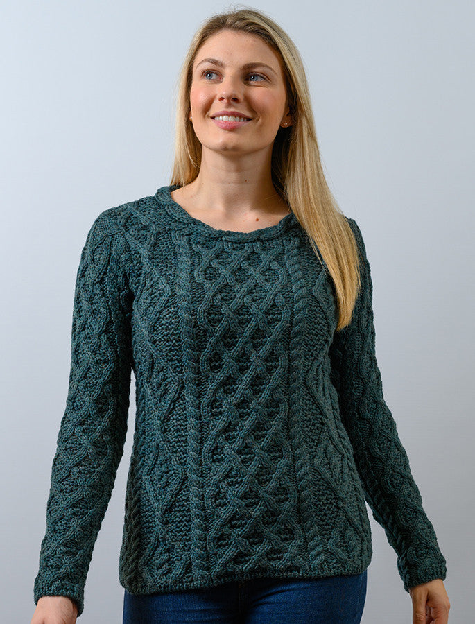 Womens Lambay Aran Sweater - Evergreen