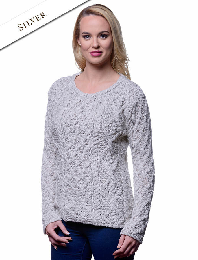 Womens Lambay Aran Sweater - Silver Marl