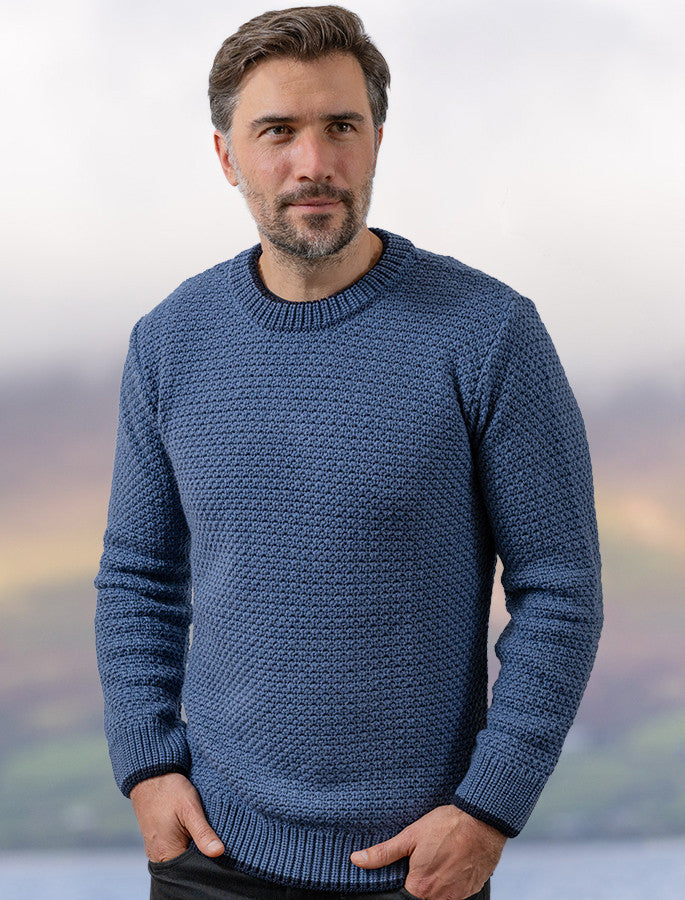 Merino Textured Crew Neck Sweater - Blue Steel