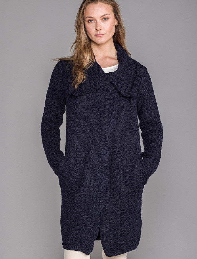 Woven Textured Aran Wrap Coat - Navy