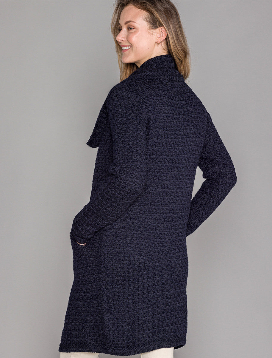 Woven Textured Aran Wrap Coat - Navy