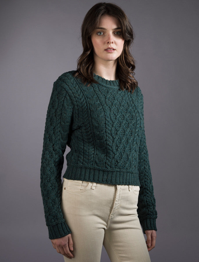 Ladies Cropped Aran Sweater – Evergreen
