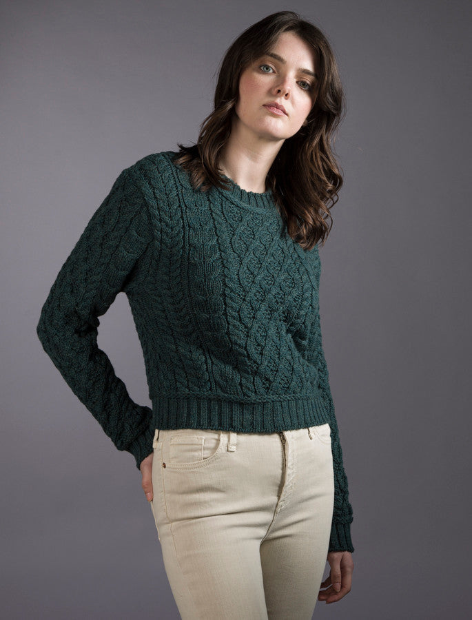 Ladies Cropped Aran Sweater – Evergreen