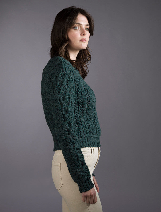 Ladies Cropped Aran Sweater – Evergreen