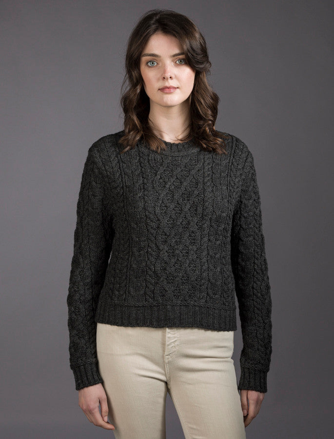 Ladies Cropped Aran Sweater - Graphite