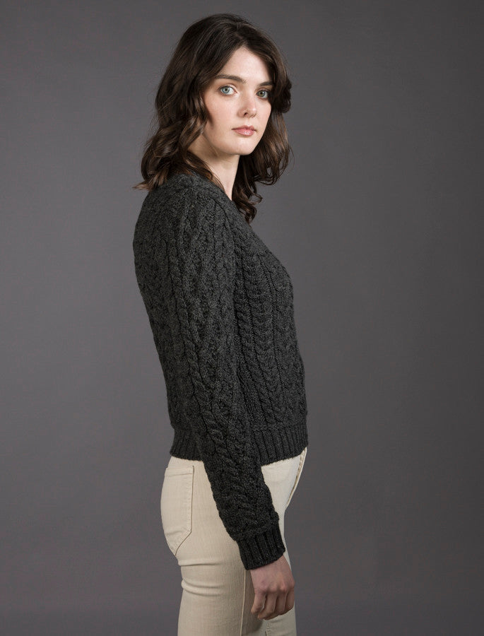 Ladies Cropped Aran Sweater - Graphite