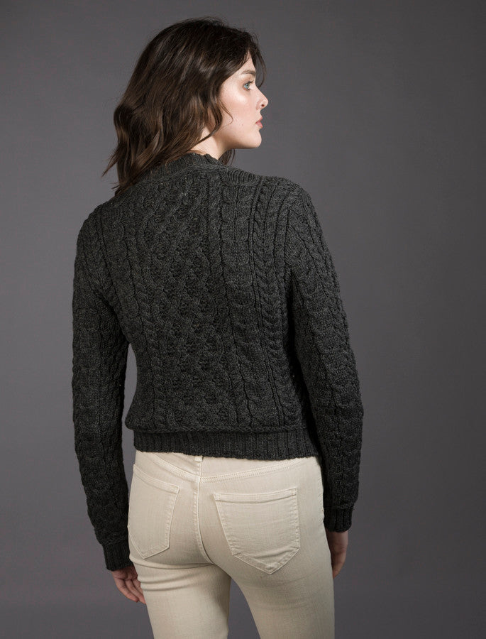 Ladies Cropped Aran Sweater - Graphite