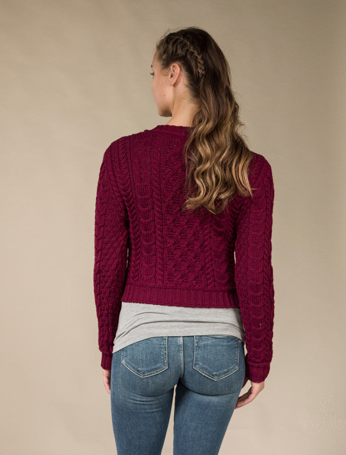 Ladies Cropped Aran Sweater – Claret