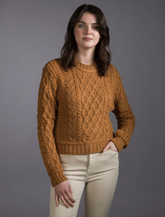 Ladies Cropped Aran Sweater - Golden Ochre