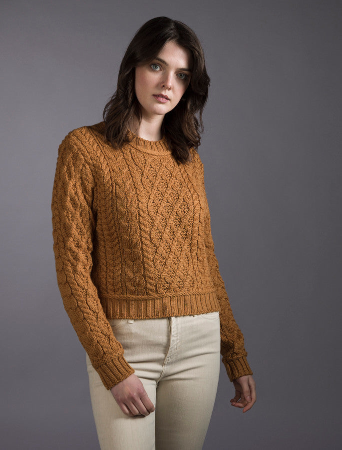 Ladies Cropped Aran Sweater - Golden Ochre