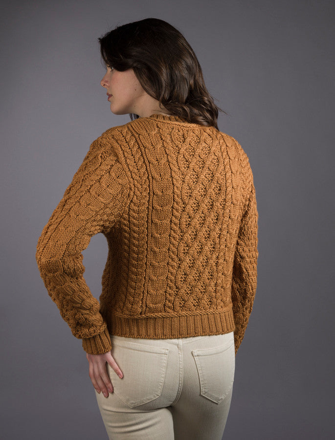 Ladies Cropped Aran Sweater - Golden Ochre