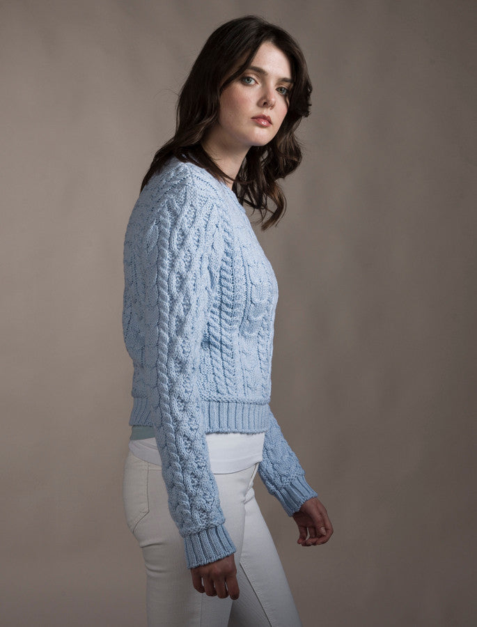 Ladies Cropped Aran Sweater - Ice Blue